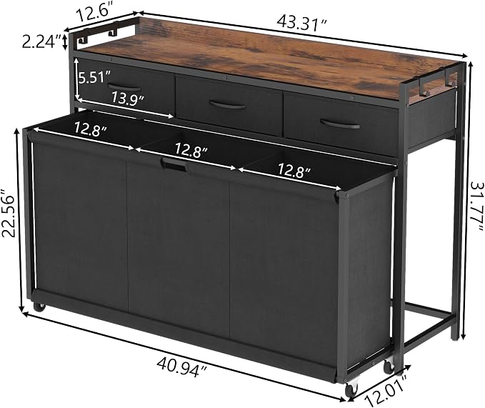 Laundry Hamper Laundry Basket with 3 Section Pull-Out Rolling Bags, Laundry Sorter for Organization and Storage with 2 Pull-Out Drawers for Laundry Room (Brown+Black, 43.31'' x 31.81'' x 12.6'') - Image 7