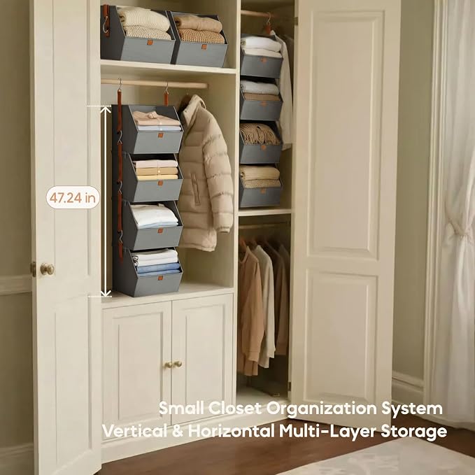 Hanging Closet Organizer 4 Tier - Clothes Hanging Shelves, Space-Saving Closet System, Fabric Storage Bins Bedroom Organization, Collapsible Baskets for Home, Dorm, Rv, Grey - Image 8