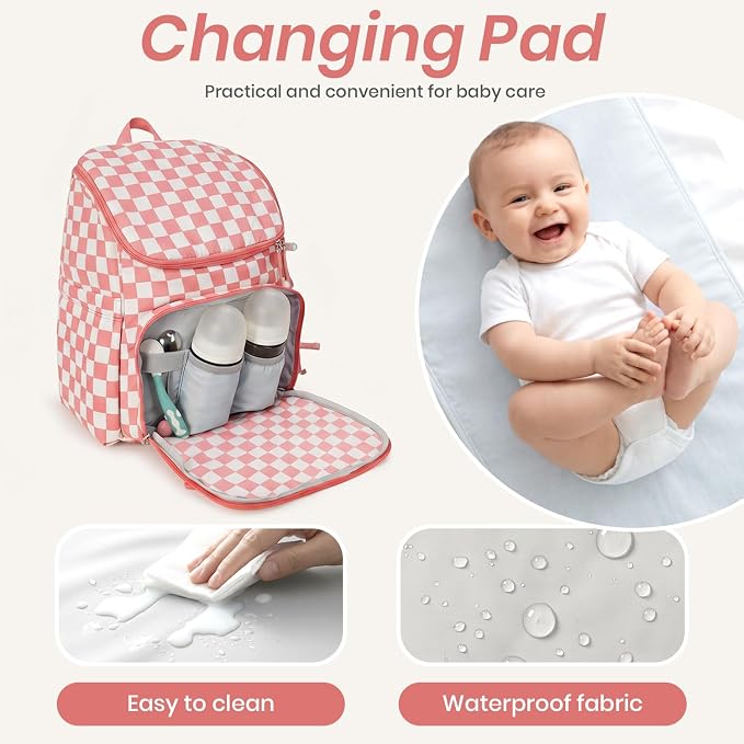 FHELAD Checkered Diaper Bag Backpack with Changing Pad & Stroller Clips | Baby Diaper Bag, Baby Shower Gifts, 4 Insulated Bottle Holders, Wet Wipe Pocket, Luggage Strap - Image 7