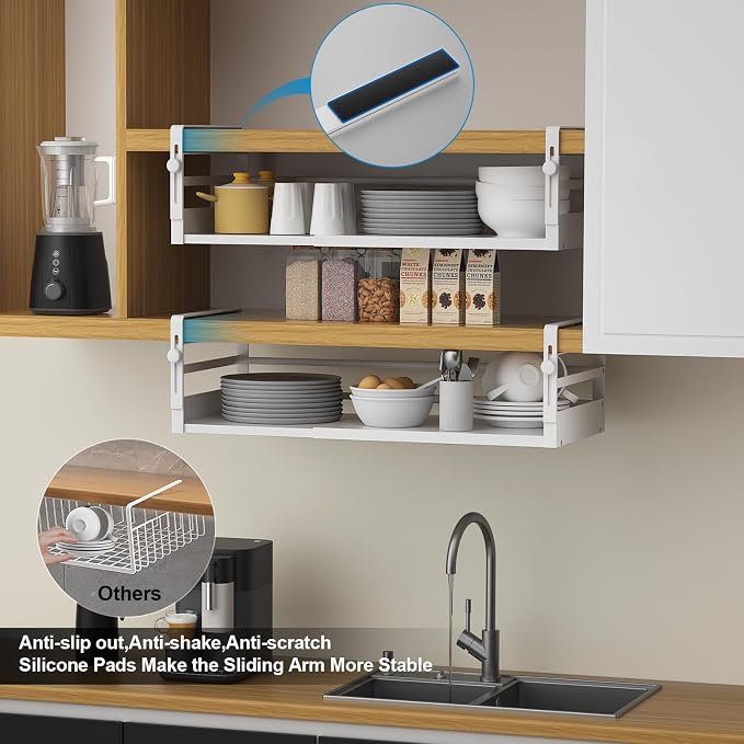 AmonHouseware 2Pack Expandable Under Shelf Storage Basket Organizer,White | Adjustable Hanging,Length Stretchable13-21Inch,Under Cabinet Shelf for Laundry Room Kitchen Pantry Desk Counter Cupboard - Image 6