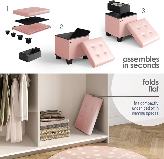 Storage Ottoman Cube with Small Bin, 15-in Square Ottoman with Storage for Living Room and Bedroom, Small Ottomans Foot Rest, Leather Foot Stools Ottomans Max 330lbs, Pink - Image 9