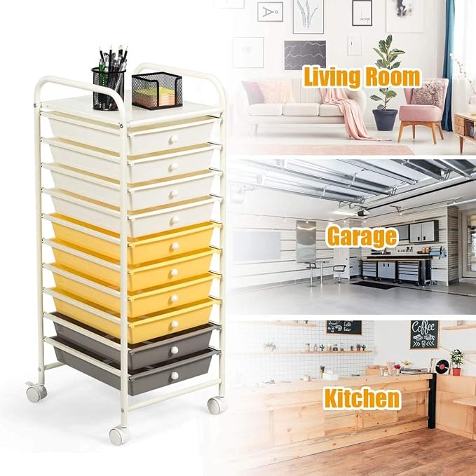 GOFLAME 10-Drawer Rolling Storage Drawer Cart, Utility Cart with Removable Drawers & Metal Frame, Mobile Art Craft Drawer Cart with Lockable Wheels for Home, Office, Studio, School, Yellow - Image 9