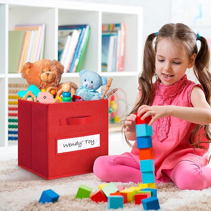 13x13x13 storage cube bins(Set of 8) Fabric storage cubes with 8 Labels Window Cards & a Pen, storage cubes 13x13, Collapsible 13 inch cube storage bins, Cubby Organizer Boxes, Red - Image 5