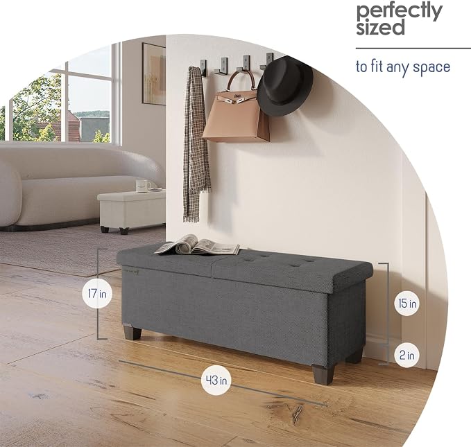 Storage Ottoman Bench with Bins, 43-in Storage Bench for Bedroom End of Bed, Folding Foot Rest Ottoman for Living Room Max 660lbs, Fabric Ottomans, Grey - Image 9