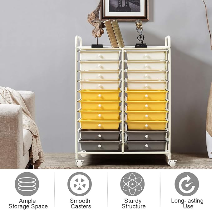 RELAX4LIFE 20 Drawer Rolling Storage Cart, Mobile Rolling Cart w/Drawers for School Classroom Teacher Office Home Salon, Paper File Art Supply Craft Organizer, Utility Cart on Wheels (Yellow) - Image 9
