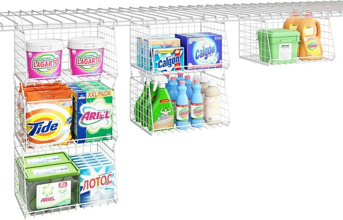 3-Tier Hanging Laundry Basket Organizer:Foldable Wire Shelf Laundry Room Organizer with 360°Rotating Hooks Small Space Solutions Closet Hanging Organizer - Laundry Organization, White Patent - Image 8