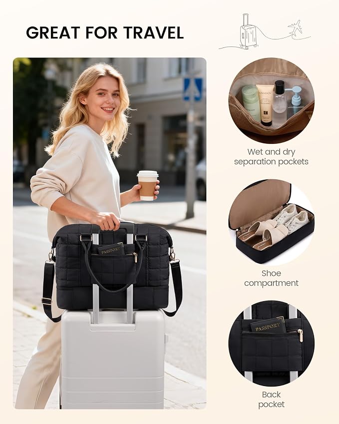 LOVEVOOK Travel Duffel Bag - Versatile Weekender Bag for Women, Puffer Carry On & Overnight Bag for Short Trips, Black - Image 6