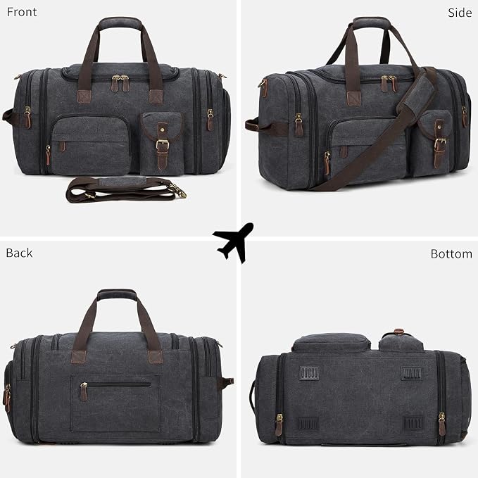 Mens Duffle Bag for Travel, 60L Canvas Expandable Overnight Weekender Bag | Shoe Compartment, Carry-On Size, Multiple Pockets, Detachable Strap, Toiletry Bag & Packing Cube Include, Dark Gray - Image 7