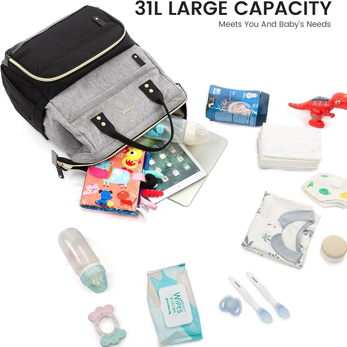 LOVEVOOK Diaper Bag Backpack, Baby Bag with Changing Station, Large Diaper Backpack for Mom Dads, Waterproof Leather Mommy Bag for Boy and Girl, Travel Essential Baby Shower, Black-Grey - Image 8