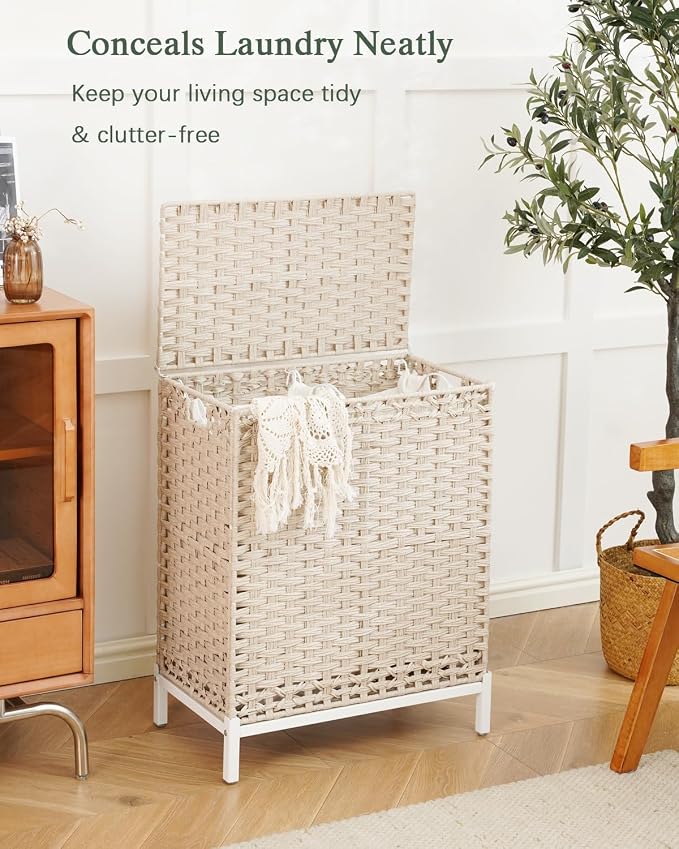 SETVSON Laundry Hamper with Lid, Wicker Laundry Basket, 112 L, Light Khaki | Handwoven PE Rattan, 2 Removable Liner Bags, Metal Heightened Feet, 6 Mesh Bags, Clothes Hamper for Bathroom Bedroom - Image 9