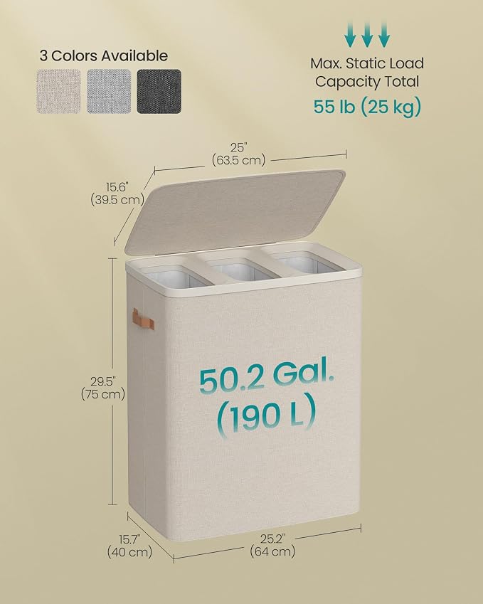 SONGMICS Laundry Basket, 50.2 Gal. Laundry Hamper, 3 Compartments, Easy Assembly, with Lid and Handles, Removable Liners, 25.2 x 15.7 x 29.5 Inches, Cappuccino Beige ULCB814LH01 - Image 6