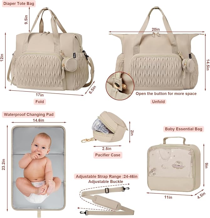 Diaper Tote Bag for Baby 6PCS, Large Mom Hospital Bags with Changing Pad | Mommy Bags for Labor and Delivery, Baby Shower Girl Boy Gift, Mama Bag with Pacifier Case Storage Bag and Shoulder Strap - Image 7