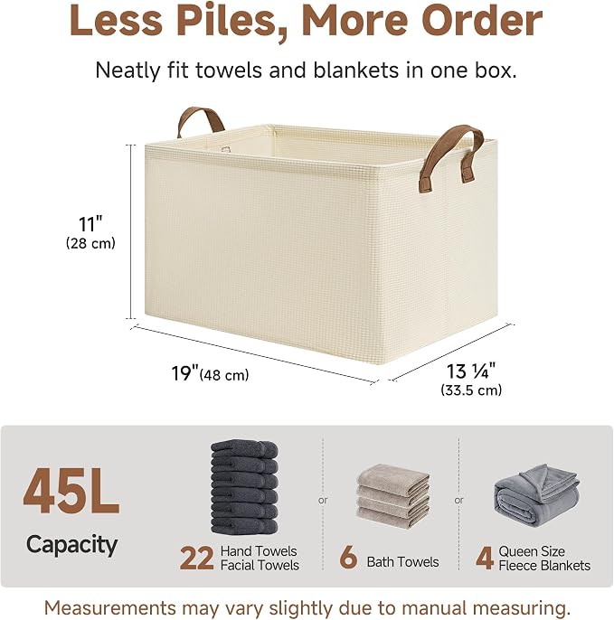 StorageWorks 45L Closet Storage Bins, Storage Baskets, Beige, 2-Pack | Extra Large, With Reinforced PU Handles, Metal Frame, Collapsible, for Shelves, Closet, Holds Clothes, Towels, Blankets - Image 6
