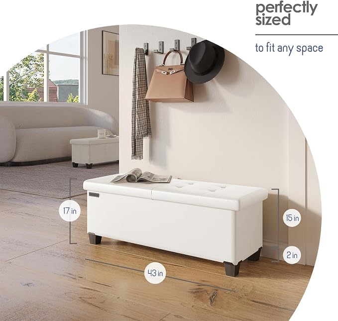 Storage Ottoman Bench with Bins, 43-in Storage Bench for Bedroom End of Bed, Folding Foot Rest Ottoman for Living Room Max 660lbs, Faux Leather Ottomans, Cream - Image 9