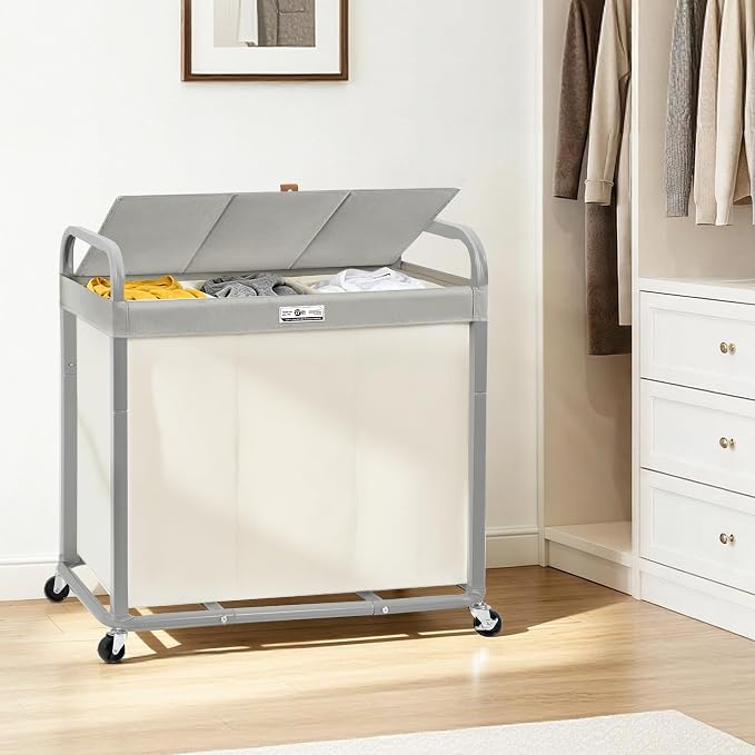 STORAGE MANIAC Laundry Hamper 3 Section with Lid Rolling Laundry Basket | 230L Laundry Sorter Cart 3 Compartment Clothes Hamper on Wheels Metal Handle Oxford Removable Bag Laundry Room Bedroom Beige - Image 7