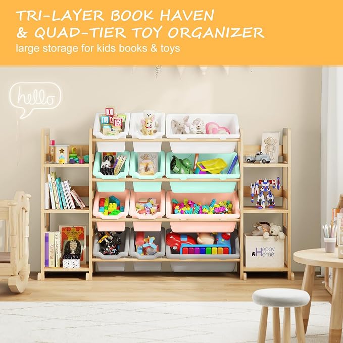 EXPERLAM Extra Large Toy Storage - Toy Storage Organizer, Wooden Toy Organizer with 6 Side Shelves and 12 Bins, 3-in-1 Bookshelf for Kids Rooms, Playroom, Nursery, Multi Color - Image 7
