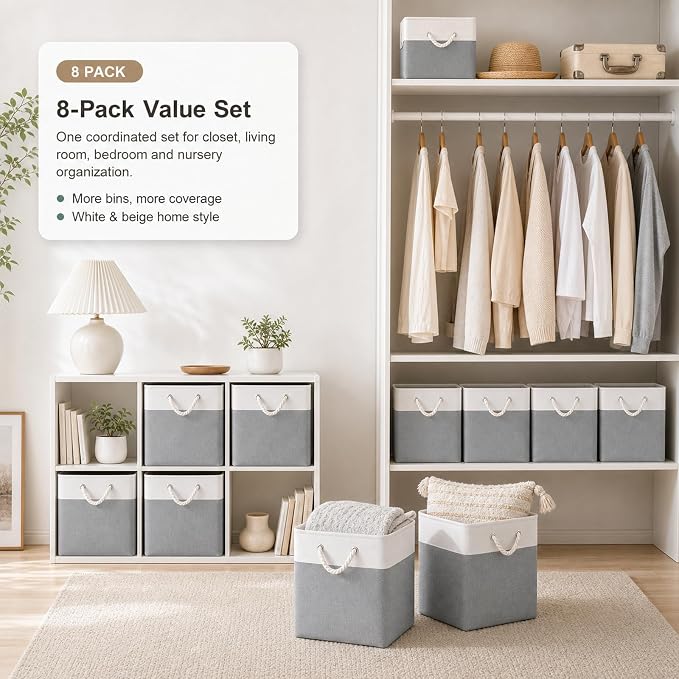 11x11 Inch Cube Storage Bins, 8 Pack Collapsible Fabric Storage Cubes with Rope Handles, Waterproof Foldable Storage Baskets for Cube Shelves, Closet, Clothes, Toys, Books, White & Gray - Image 9