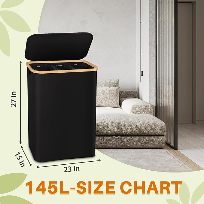 145L Laundry Hamper with Lid, 3 Section Laundry Basket with 3 Removable Bag | Clothes Hampers for Laundry with Bamboo Frame Handle, Large Dirty Clothes Hamper for Laundry Room, Bathroom, Bedroom, Black - Image 7
