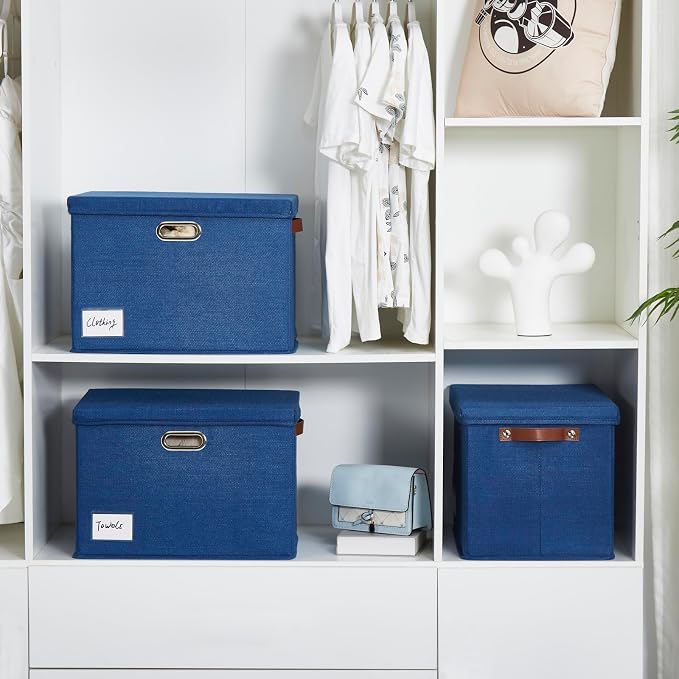 15" Fabric Storage Box with Lids, 3-Pack, Navy | Stackable, Foldable, 2 PU Handles and 2 Metal Handles, Decorative Fabric, For Home, Bedroom, Closet, Office, Nursery - Image 7