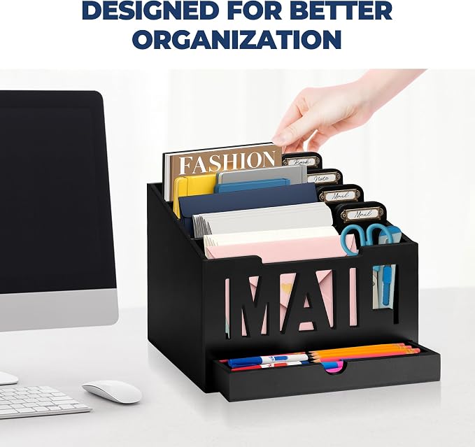 Mail Organizer Countertop, Desktop Mail Sorter with Drawer & Label Tags, BK | Bills, Letters, Envelopes & Receipts - Image 8