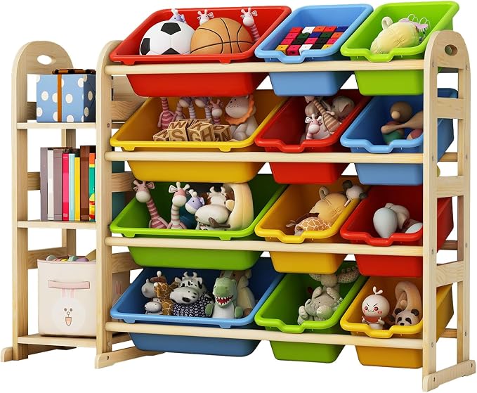 Toy Storage Organizer with Bookshelf, Wooden Toy Organizers with 3 Shelves 12 Storage Bins, Kids Bin Shelf Toys Box Bookcase for Playroom Bedroom Organization, Multi Color - Image 8