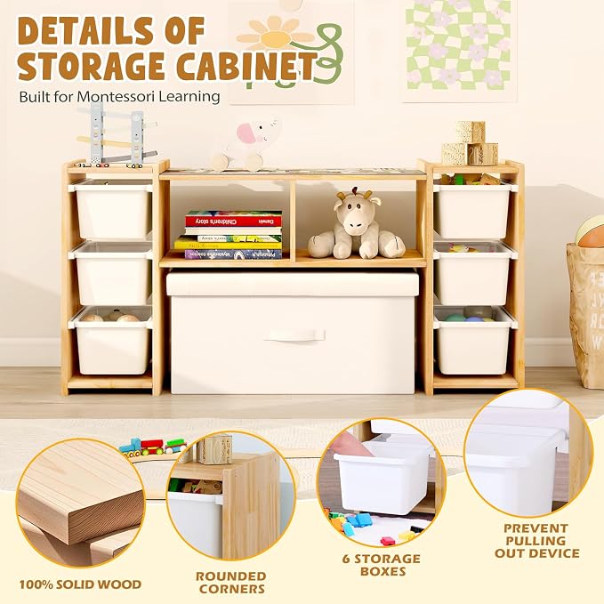 MallBest Montessori Shelf for Kids - 100% Solid Pine Wood with 6 Removable Plastic Bins, Toy Storage Organizer Cabinet for Playroom, Bedroom & Nursery (Natural) - Image 7