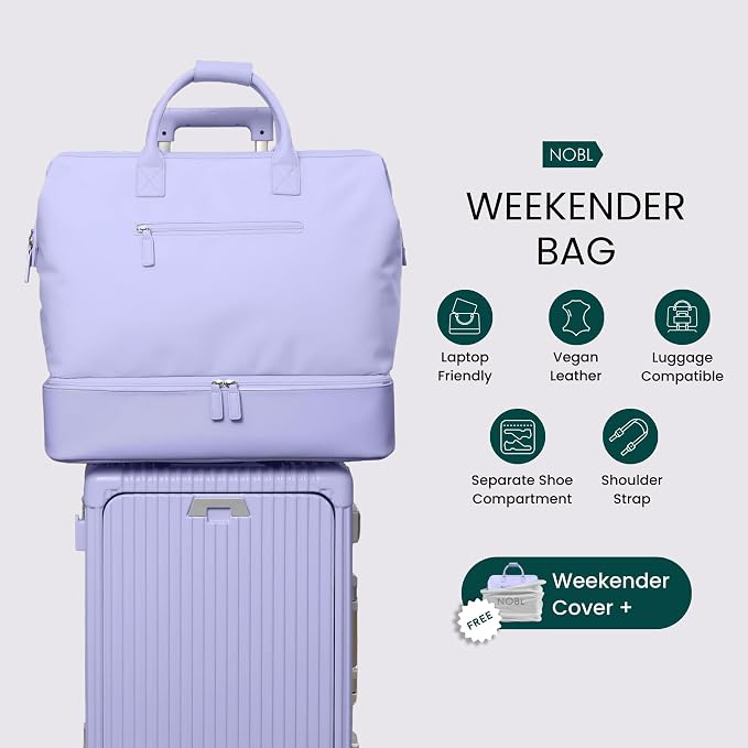 Nobl Travel Weekender Bag for Women & Men, Large Carry-On Duffel, Lavender | Leather Overnight Tote with Trolley Sleeve, Separate Shoe Compartment & Laptop Pocket for Airplane, Gym & Road Trips - Image 5