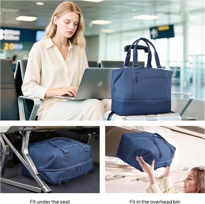 Travel Duffle Bag for Women, 40L Weekender Bags Airline Approved Carry On with Shoe Compartment & Waterproof Wet Pocket, Durable Nylon Weekender Overnight Bag for Travel, Gym, Business Trip, Blue - Image 7