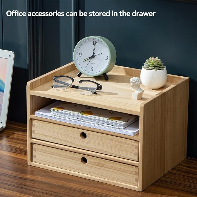 KIRIGEN Wooden Desk Organizer with 2 Drawers and Top Tray, Natural 3D2C-NA | Three-Tier Desktop Storage Cabinet Stores Papers, Office Supplies, Cosmetics, Crafts, and Small Accessories for Home Office - Image 7