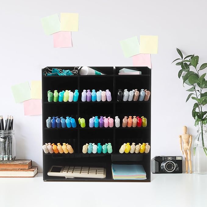 MotiMind Acrylic Pen and Marker Organizer for 150 Markers | 13 Compartments, Vertical Marker Pencil Organizer, Acrylic Pen Display Holder, Art Supply Storage for Desk Stationery, Black - Image 7
