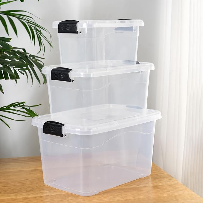 Cetomo Storage Boxes, Storage Box with Lids and Handle for Home Dorm Office Organization, Stackable Nesting Tote Container, Plastic, Clear, 6L 10L 18L-3 Pack - Image 7