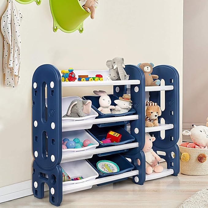 Costzon Toy Storage Organizer, 4-Tier Toy Shelf w/ 6 Removable Plastic Bins for Books Toys, Toddler Toy Bookcase Toy Rack for Playroom, Kids Room, Bedroom, Daycare, Nursery - Image 9