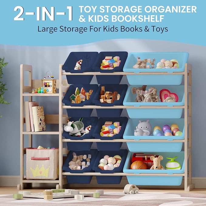 Toy Storage Organizer - Toy Organizers and Storage with Bookshelf, Toy Storage Shelf with 3 Shelves and 12 Storage Bins, Kids Bookshelf and Toy Storage for Kids Room, Playroom, Bedroom, Nursery, Blue - Image 7