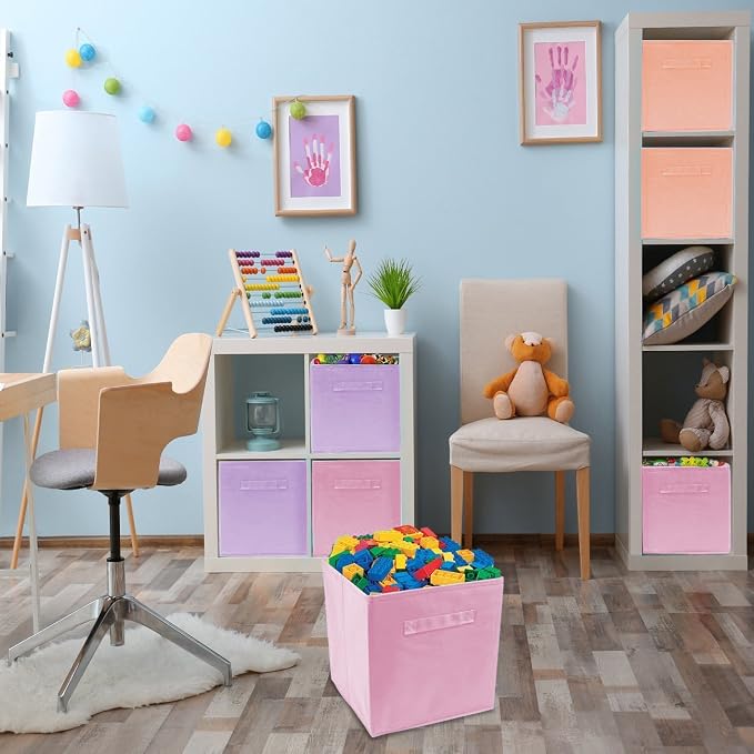 Sorbus Storage Cubes - 11" Foldable Storage Bins with Handle for Nursery, Playroom, Closet Organizers and Storage - 6 Fabric Shelf Basket for Toys, Books, Clothes - Orange Purple & Pink Storage Cubes - Image 8