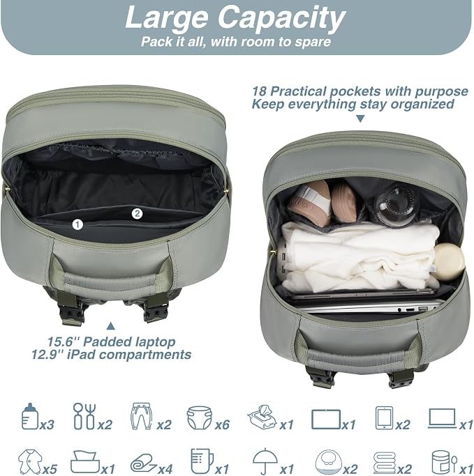 Diaper Bag Backpack, Quilted Baby Bag with Changing Pad & Stroller Straps & Pacifier Case, Multifunction Waterproof Travel Diaper Bags, Unisex, Olive Green - Image 7