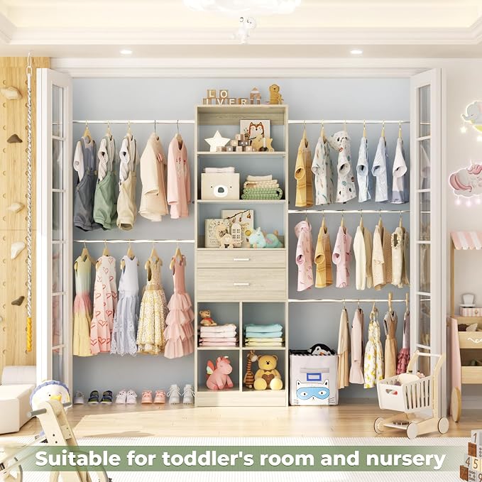 Besiost Closet System, 4-8 FT Closet Organizer Tower with 2 Wooden Drawers and Shelves, Can Fit 60 to 96 inch Walk-in Closet System with 5 Hang Rods, Built-in, Greige Oak - Image 8