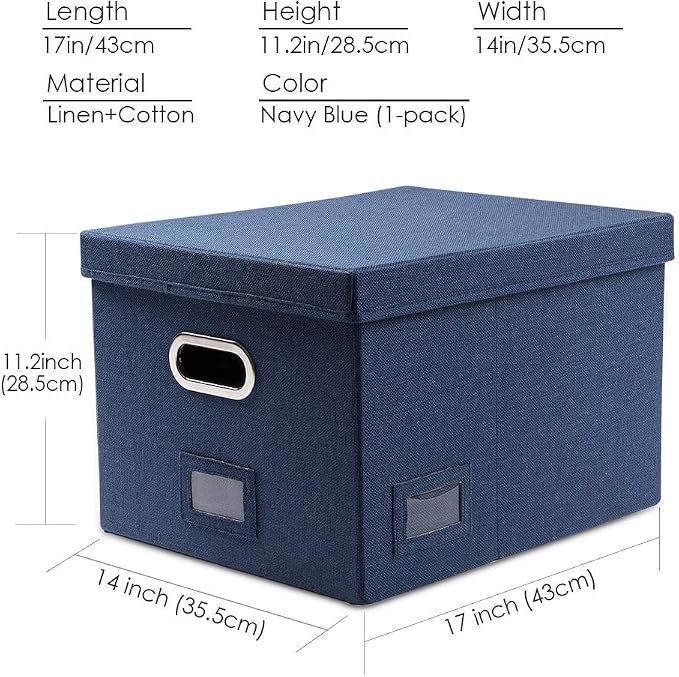 File Organizer Box - Set of 1 Collapsible Decorative Linen Filing Storage Hanging File Folders with Lids Office Cabinet Letter/Legal Size Navy Blue (17x14x11.2 inch) - Image 7