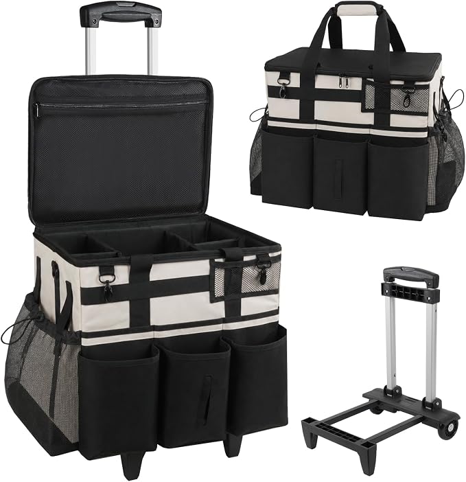 SCAVATA Rolling Cleaning Caddy Bag with Detachable Trolley, Large Cleaning Supplies Organizer with Wheels, Multi-Pocket Cleaning Cart with Adjustable Shoulder Strap for Housekeepers (CreamWhite) - Image 8