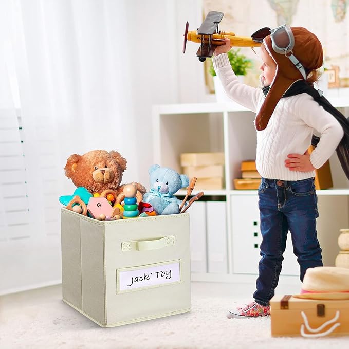 Fabric storage cubes (Set of 8) 11 Inch Cube Storage Bin, Cube storage with 8 Labels Window Cards & a Pen, Foldable cube organizer bins,11x11 Storage bin, Cubby Organizer Boxes, Beige - Image 6