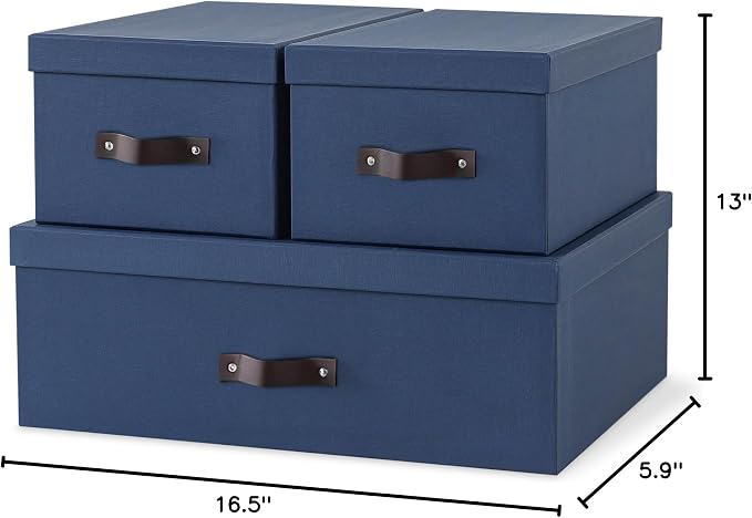 Soul & Lane - Decorative Storage Boxes with Handles, Set of 3, Navy | Sturdy Cardboard Photo Organizers with Lids for Office and Home, Blue Memory Storage Containers for Pictures and Papers - Image 8