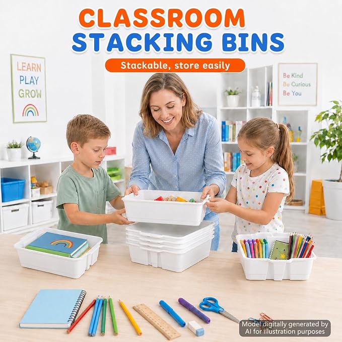 6 Pack Plastic Book Bins Stackable Classroom Cubby Organizer, White | Scoop Front Storage Bins, Cubby Bins with Handles for School Library Office Home Nursery Playroom Organization - Image 7