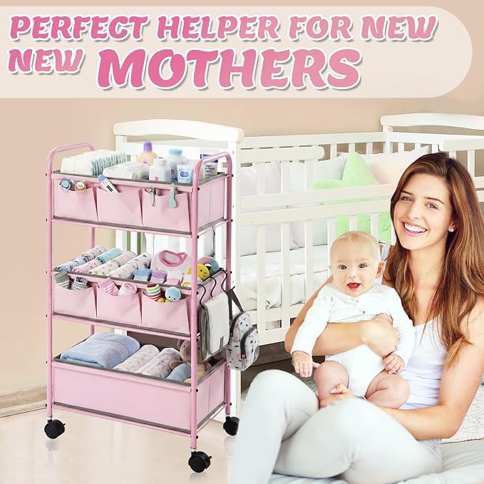 WILLBOND 3 Tier Pink Baby Diaper Caddy Organizer Cart with 4+3 Dividers Large Capacity Metal Utility Bedside Rolling Cart Newborn Registry Nursery Essential Must Have Crib Bedroom Baby Shower - Image 6