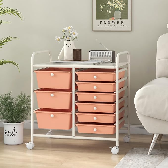 9 Drawer Rolling Storage Cart, Rolling Cart with Drawers for Classroom, Art Supply Craft Organizer on Wheel with Metal Frame & Handles for Home Office School - Image 9