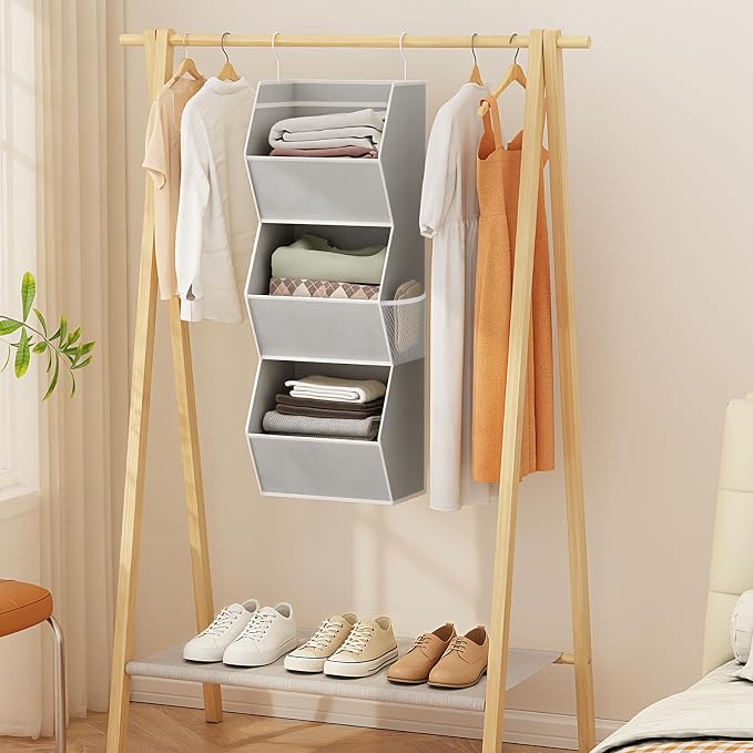 Closet Hanging Organizer with Pockets, 3 Shelf Hanging Clothes Organizers | Kids Closet Organizers and Storage for Clothes Fabric Hanging Storage Bins for Wardrobe Closet Organization and Storage, Grey - Image 7