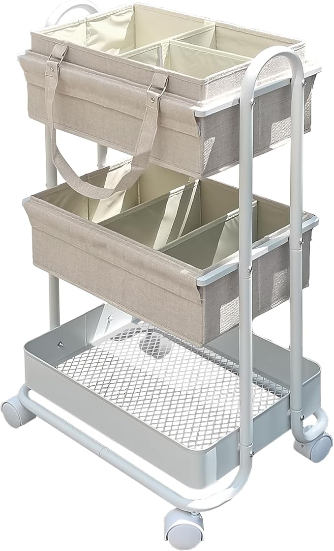 2In1 Baby Diaper Caddy Organizer with Dividers,3-Tier Diaper Rolling Cart,Mobile Metal Utility Cart for Baby Nursery,Baby Bedside Cart, Large Capacity - Image 7