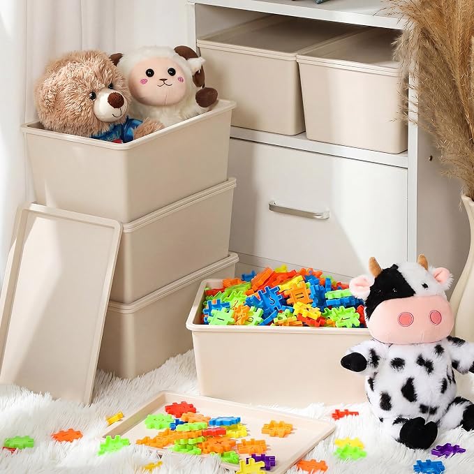 6 Pcs Small Plastic Storage Bins with Lids,Beige - Image 6