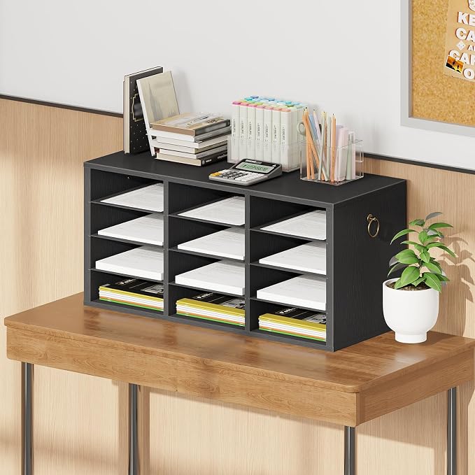 HOOBRO Countertop Mail Sorter, Wooden Literature Organizer, Student Mailbox for Classroom, Desktop Organizer for Office Home School, 12 Compartments Black BK43WF01 - Image 8