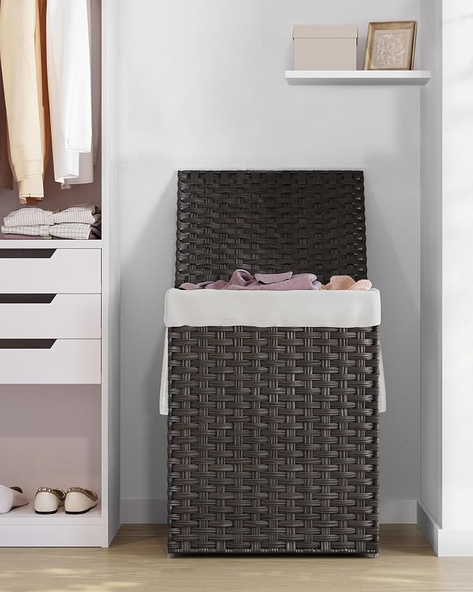 SONGMICS Laundry Hamper with Lid, 23.8 Gallon (90 L) Synthetic Rattan Clothes Laundry Basket with Lid and Handles, Foldable, Removable Liner, Chestnut Brown ULCB051K02 - Image 9