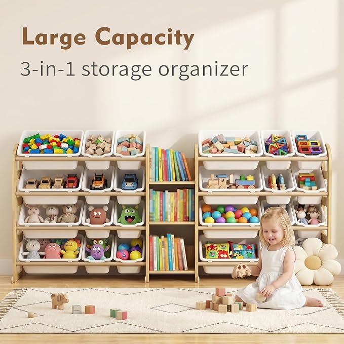 Large Wooden Toy Storage Organizer, 62" W White 3-Shelf Bookcase/Bookshelf with 24 Toy Bins, Large Toy Organizers and Storage, Toy Box for Playrooms, Bedrooms Organization - Image 8