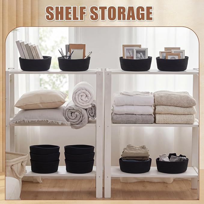 12 Pack Small Storage Basket Cute Natural Cotton Rope Woven Basket Tiny Boho Decorative Toy Storage Bin Gift Baskets for Home Organizing, Closet, Shelf, Nursery, Bathroom (Round,Black) - Image 7